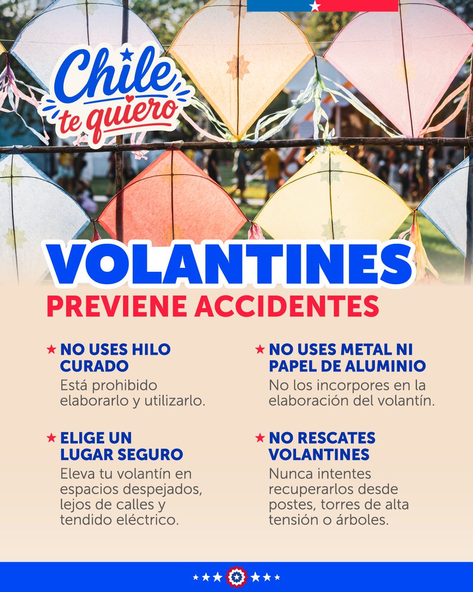 ministeriosalud's tweet photo. Que encumbrar volantines no se convierta en un riesgo🪁

En estas Fiestas Patrias no uses hilo curado, no rescates volantines, y elige un lugar seguro donde encumbrar.

#ChileTeQuiero https://t.co/te785vEXBi