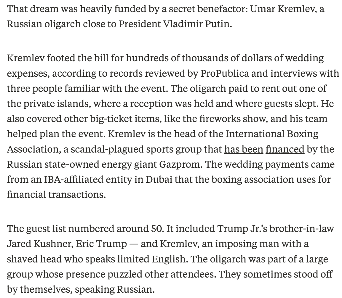 TVietor08's tweet photo. Crazy @propublica story about Umar Kremlev, a Russian oligarch close to Putin, who secretly funded some of @DonaldJTrumpJr's wedding. Why does the son of the president of the United States who is supposed to be worth hundreds of millions need a Russian sugar daddy? https://t.co/w3uJGxrGwR