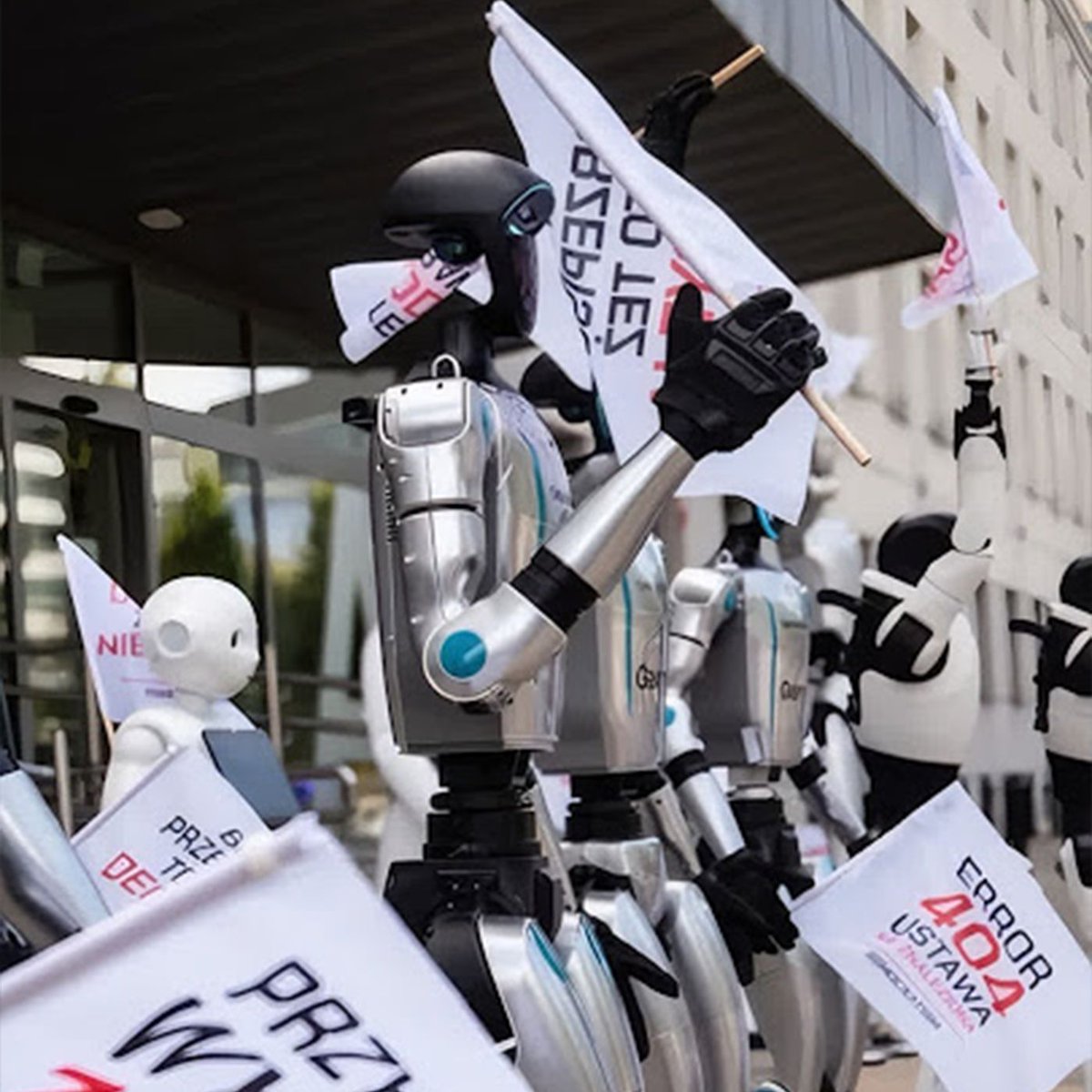 Dexerto's tweet photo. Around 30 robots gathered outside Poland’s Digital Affairs Ministry to demand tougher AI and robotization regulations

The robots carried flags, chanted slogans and even had an AI powered humanoid answer questions from journalists https://t.co/T1QaIxCiyC