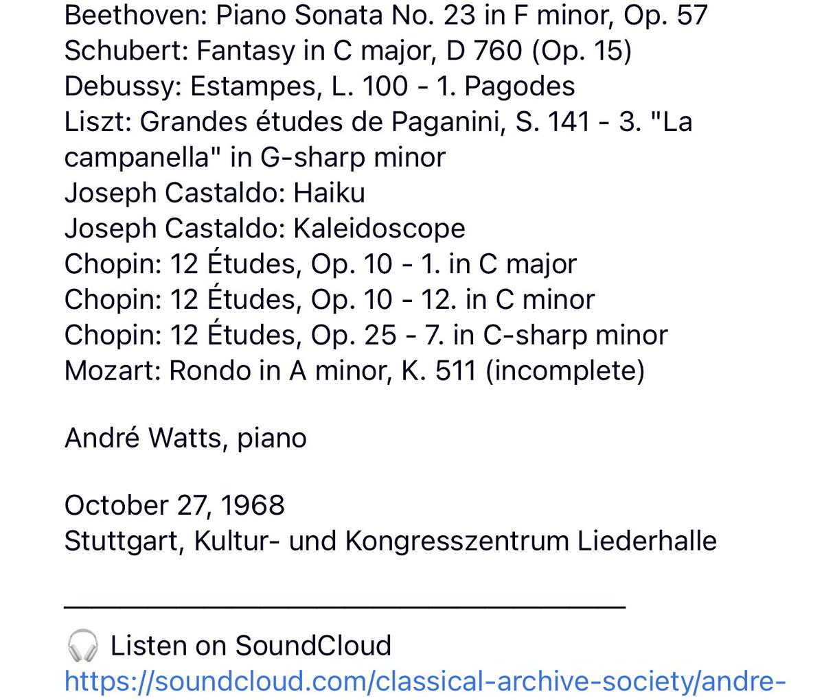 ClassicalArcSoc's tweet photo. André Watts, piano

October 27, 1968
Stuttgart, Kultur- und Kongresszentrum Liederhalle

────────────────────
🎧 Listen to this recording exclusively within the Community.

Interested in joining? You can apply for membership here:
https://t.co/q7KnUpmrW7 https://t.co/qIRXW2e7h9