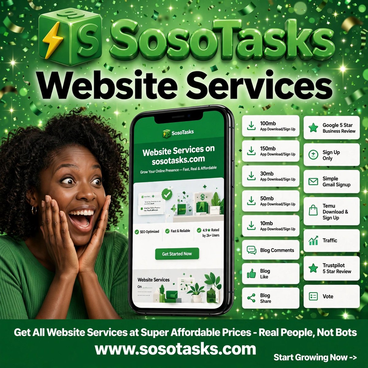 sosotasks's tweet photo. Get 15+ Website Services from REAL USERS:
Traffic, Reviews, Signups, Blog Engagement, Votes.
All at CHEAPEST price.
📷 https://t.co/1rJoRfNbFg https://t.co/WFQbXTpapE