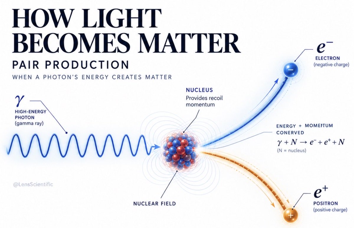 LensScientific's tweet photo. Light can become matter.

When a sufficiently energetic gamma-ray photon interacts with a nucleus, its energy can produce an electron–positron pair. The nucleus takes up recoil momentum, keeping energy and momentum conserved.

A beautiful example of (E=mc^2) in action. https://t.co/dHn87UPdBl