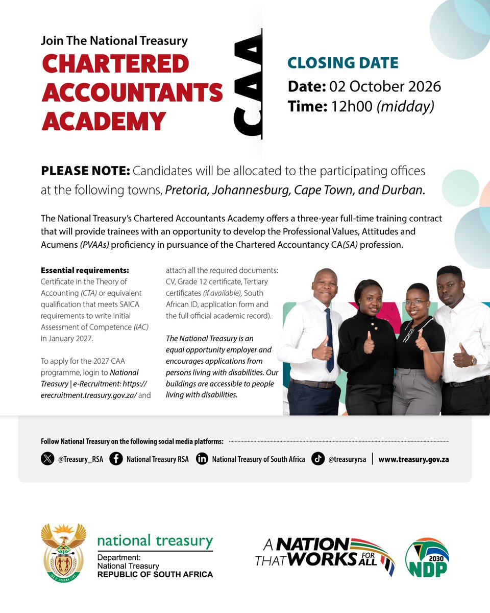 Treasury_RSA's tweet photo. 📢 #NationalTreasury is looking for Chartered Accountant Trainees! Click here for opportunities at National Treasury: https://t.co/odylJWuoEM

📌 Closing date: Friday, 2 October 2026 at 12h00 (midday) https://t.co/NJJr18352y