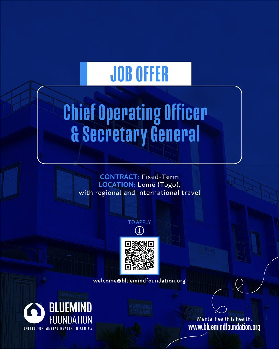 Bluemind_Fdn's tweet photo. We’re hiring for two key leadership roles

1️⃣ Chief Operating Officer &amp; Secretary General : building the systems and coordination to support our growth.

2️⃣ Chief of Staff to the President  : helping turn priorities into action.

#BluemindFoundation #JobOpportunity #MentalHealth https://t.co/FvwoDIWMKZ