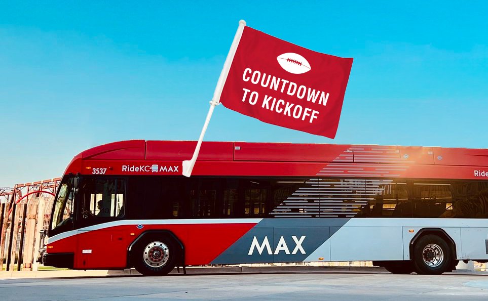 RideKCTransit's tweet photo. How 'Bout Those Chiefs! We're counting the hours until the #ChiefsKingdom season opener against Denver at Arrowhead.          🏈 💛  ❤️ 🚌 
We're ready to watch KC roll to victory on Monday night. #MNF https://t.co/3CIzOohQau