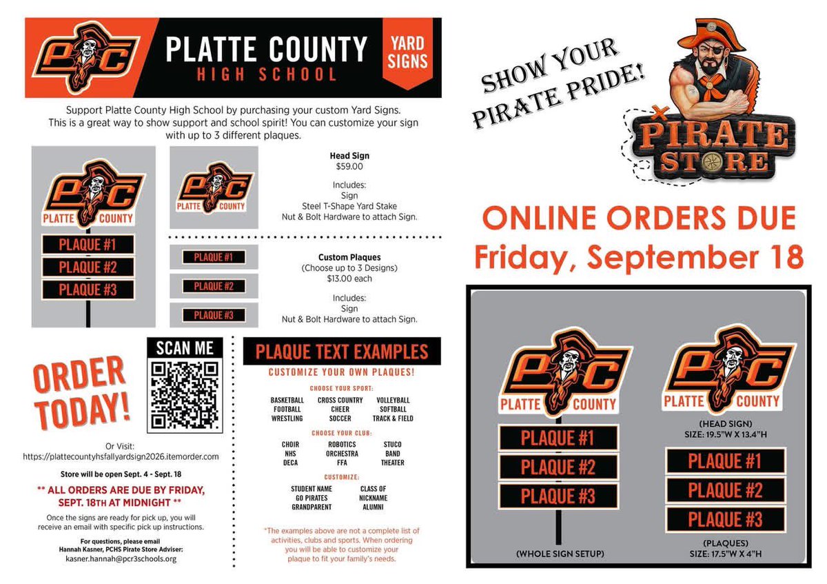 PCHSPirateStore's tweet photo. 🏴‍☠️ Show your Pirate Pride from the curb!

🧡 Head Sign: $59
🖤 Custom Plaques: $13 each
📅 Online orders due Friday, September 18

Order today: https://t.co/DPWLl0O3rA https://t.co/0KgwlfZkm4