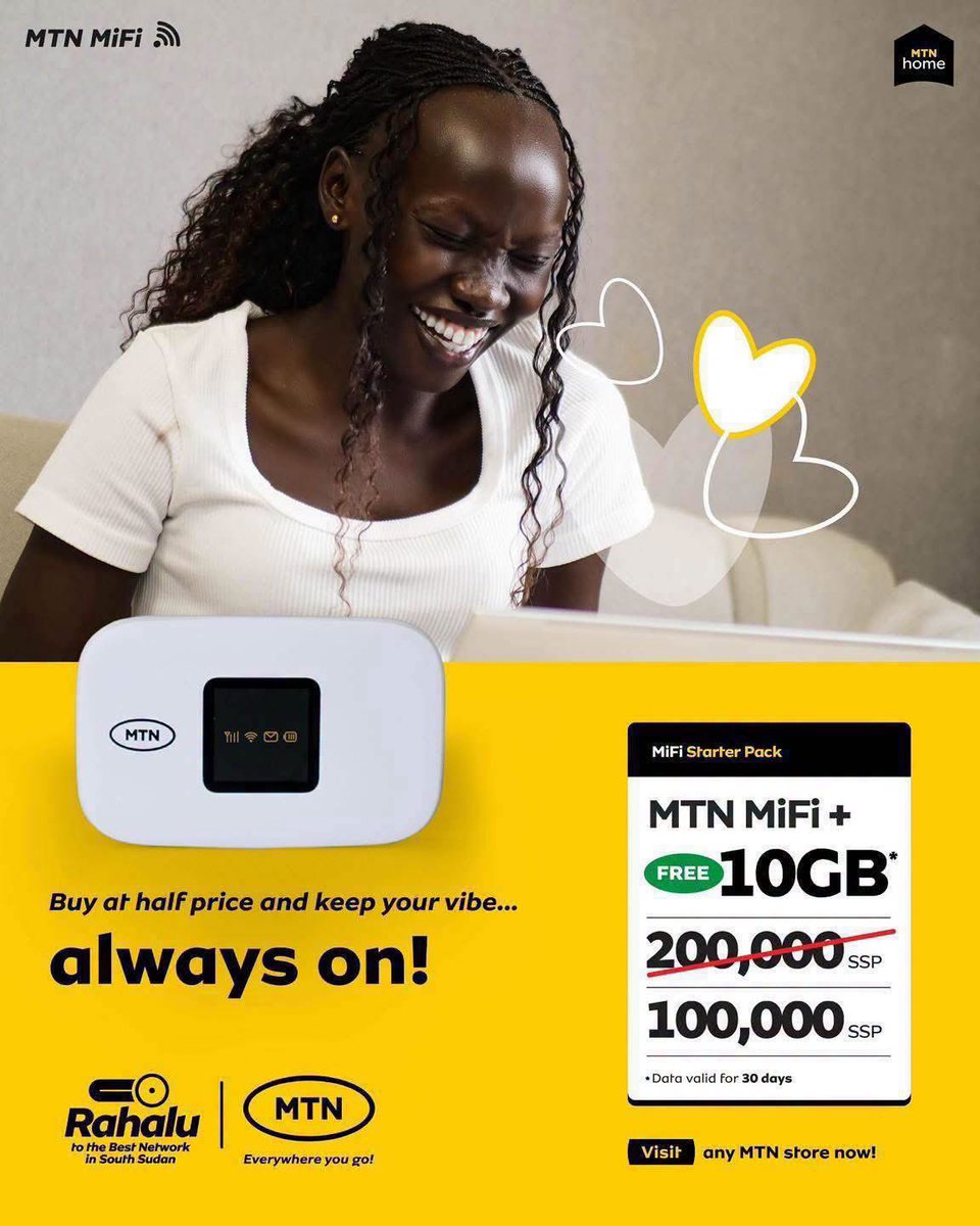 MTNSSD's tweet photo. The MTN MiFi is here to keep you connected wherever the day takes you.
Just charge it, toss it in your bag, and go!
Get yours at any MTN service centre for 100,000 SSP, with 10GB FREE to get you started.
#Switch2MTN #BestNetwork https://t.co/IglG1eYQyJ