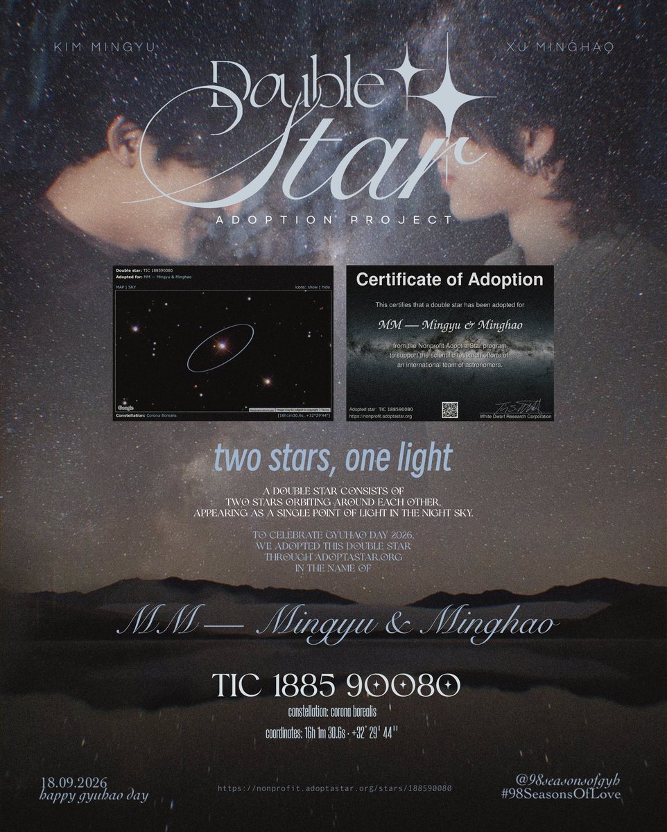 98seasonsofgyh's tweet photo. #98SeasonsOfLove
🌠🌠 Double Star
Adoption Project 🌌

we adopted a 𝐝𝐨𝐮𝐛𝐥𝐞 𝐬𝐭𝐚𝐫 in the name of
✨ 𝑀𝑀 — 𝑀𝑖𝑛𝑔𝑦𝑢 &amp; 𝑀𝑖𝑛𝑔ℎ𝑎𝑜 ✨

🌟 TIC 1885 90080
🔗 https://t.co/rDp11gL0qI

💫𝓽𝔀𝓸 𝓼𝓽𝓪𝓻𝓼, 𝓸𝓷𝓮 𝓵𝓲𝓰𝓱𝓽💫

#gyuhao 
#GyuHaoDay2026
#MMSoulmatesDay https://t.co/v0kn02ol74
