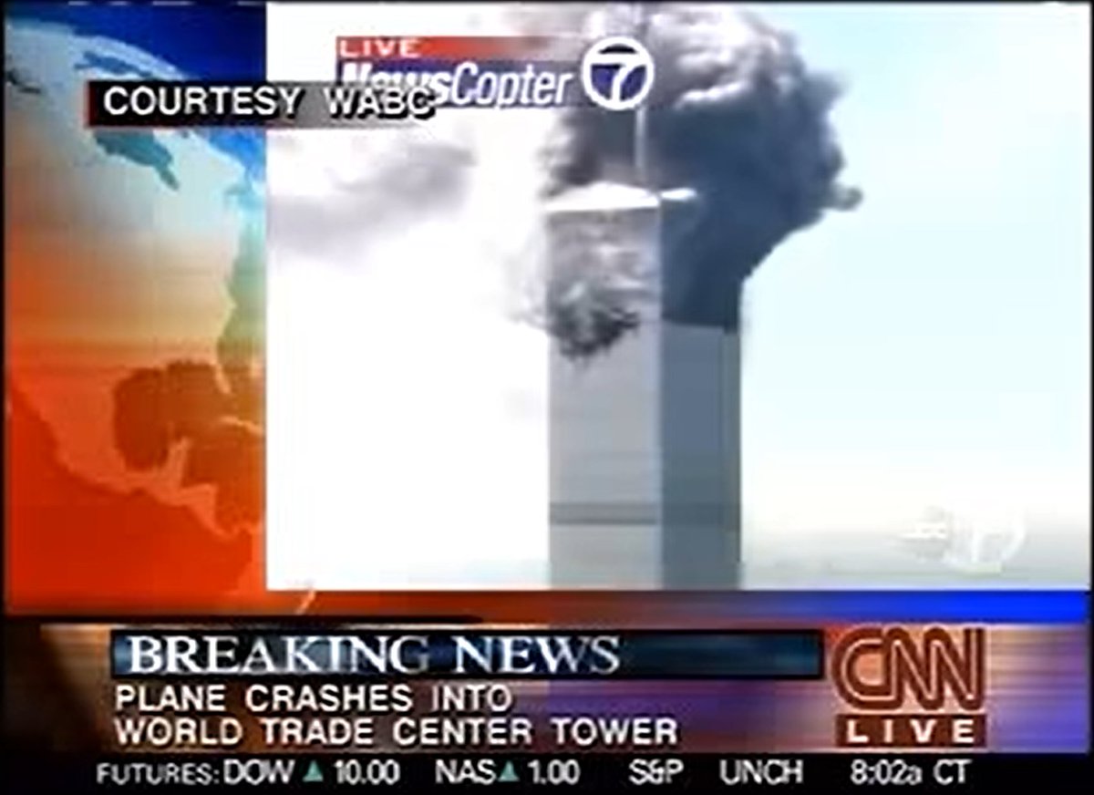 johnarnold's tweet photo. One of the surprising things rewatching 9/11 news coverage as it happened was how slowly people realized it wasn't an accident. Stock futures were still positive 16 minutes after the first plane hit WTC. It wasn't until minute 17 when the 2nd plane hit that futures went negative. https://t.co/mvvkFGhg4O