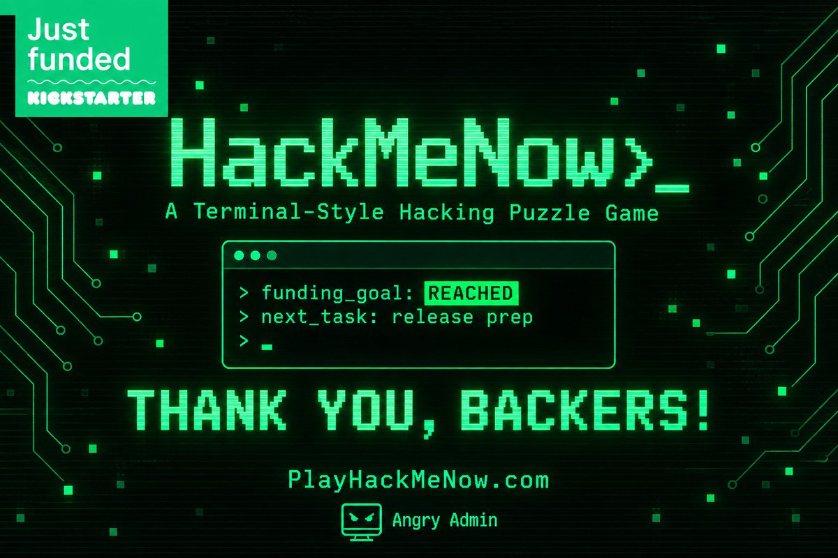AngrySysOpsHQ's tweet photo. HackMeNow is JUST FUNDED on Kickstarter! You backed a sysadmin turning a terminal into a game. Absolute legends. 💚

Still open until 23 September:
https://t.co/DbdGibh8kK https://t.co/uwsGbocG4d