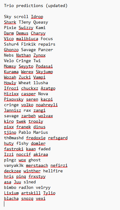 mizaqfn's tweet photo. Trio predictions (updated) https://t.co/4A0hK1S2RV