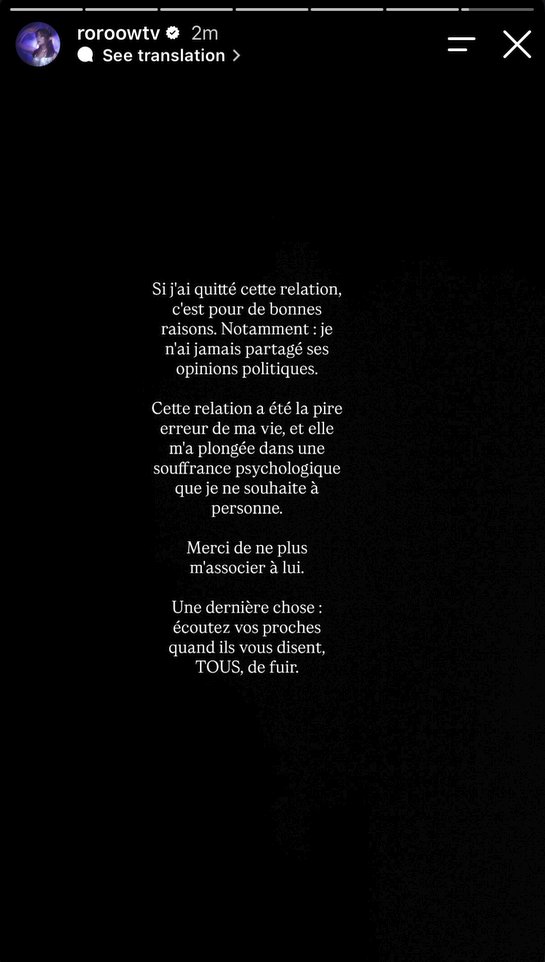 Snake_Reformed's tweet photo. 🚨🇫🇷 ALERTE INFO | Dans une story Instagram, Roxane, l’ex-fiancée de Sardoche, affirme n’avoir jamais partagé ses opinions politiques et qualifie leur relation de  "pire erreur de sa vie", évoquant une profonde souffrance psychologique. Elle demande à ne plus être associée à lui. https://t.co/8GNxMDxTgc