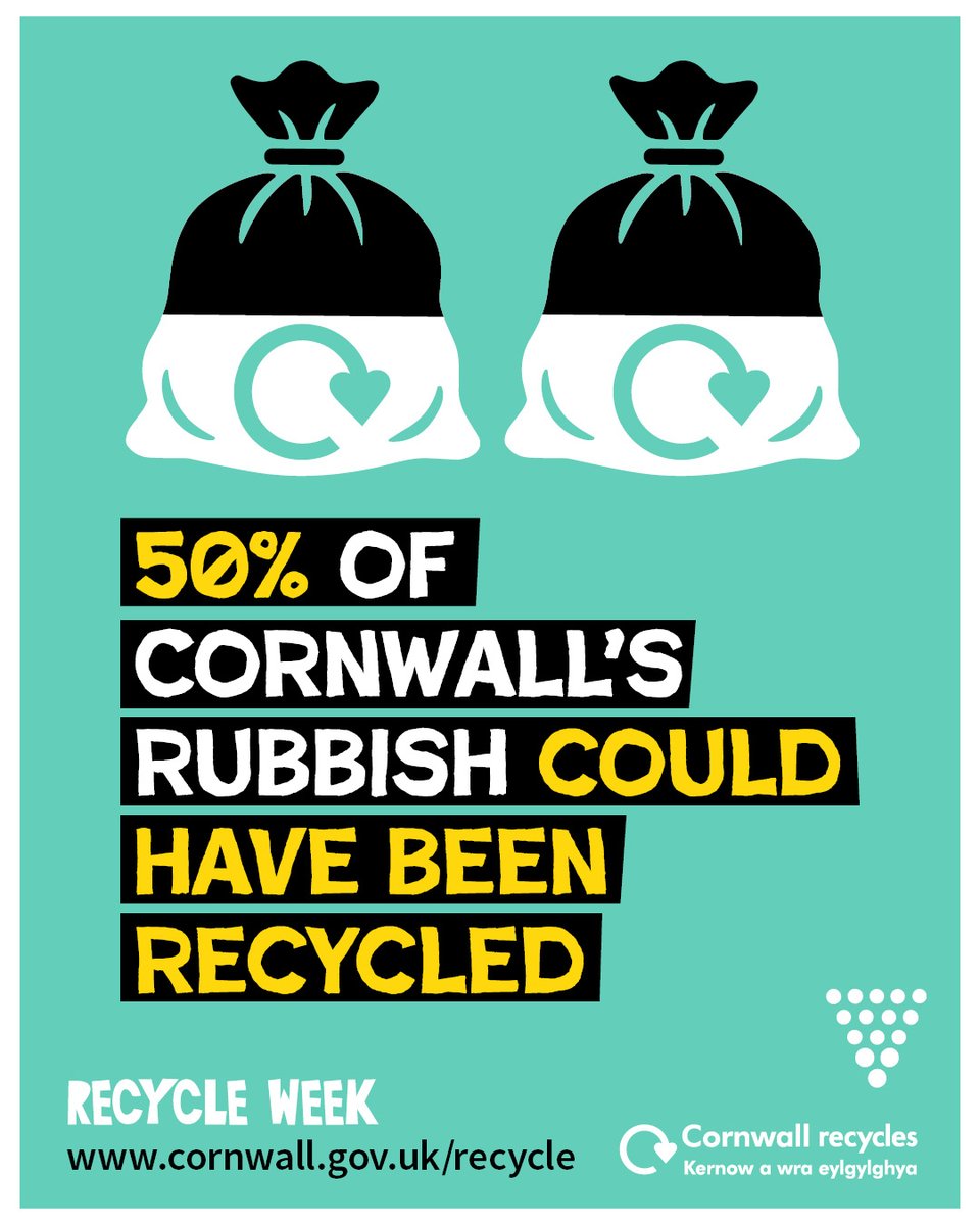 A graphic stating 50% of Cornwall's rubbish could have been recycled, featuring two rubbish bags with recycling symbols.
