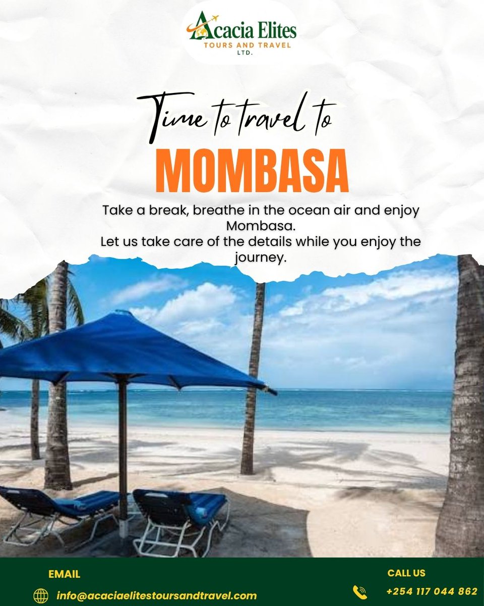AcaciaElites's tweet photo. Ready to make your next escape happen?
Contact us today and let’s tailor your journey.
+254 117 044 862
info@acaciaelitestoursandtravel.com
https://t.co/31HyV9BNNL https://t.co/PO5sqbJdzE