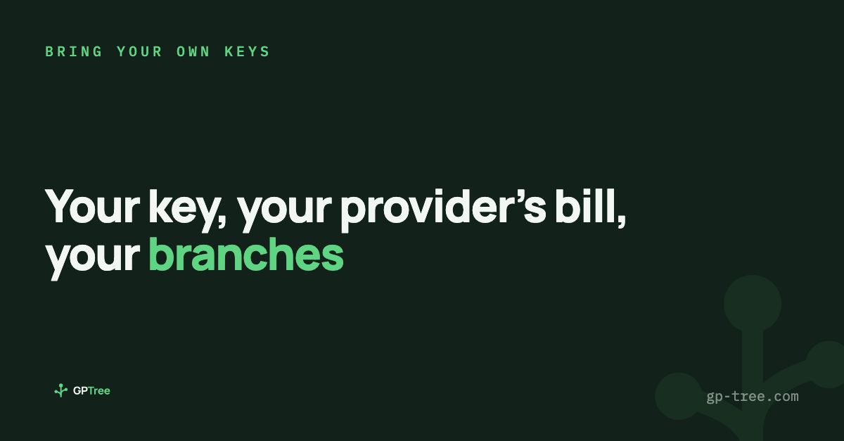 GPTreeAI's tweet photo. Bring your own API keys and GPTree becomes the layer on top. Your key, your provider's bill, our branches.

Add OpenAI, Anthropic, Google AI, Mistral or Azure OpenAI on the AI Providers page, verify the key, and those models appear in the picker like any others. GitHub Copilot and Microsoft Copilot connect over OAuth instead of a pasted key. Keys are stored encrypted.

It pays off most in Explore, where one prompt runs as 2 to 5 side by side variants and each variant gets its own model. Comparing two providers on the same code review stops being a thought experiment.

Pro and Team, with a 14 day trial on Pro.

https://t.co/4WtUyRaBGr