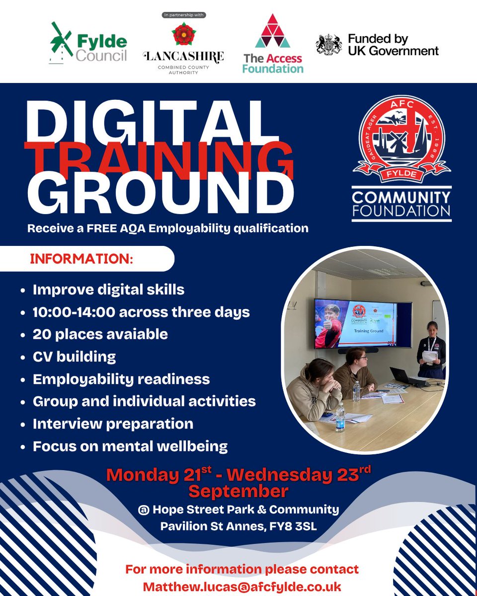AFCFyldeFDN's tweet photo. 🔙 Our Digital Training Ground is back up and running next week!

📧 Email matthew.lucas@afcfylde.co.uk to book your place.

#AFCFyldeFoundation l @fyldecouncil l @TheAccessGroup l @educationgovuk https://t.co/BTeGJH8qZO