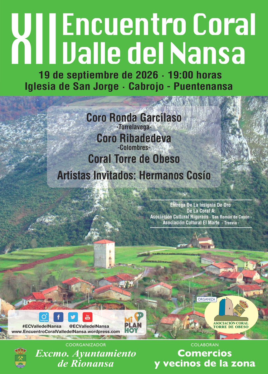 CoralTorreObeso's tweet photo. 🎶 ¡Vuelve el Encuentro Coral Valle del Nansa!

Este sábado 19 de septiembre celebramos el XII Encuentro Coral Valle del Nansa en la iglesia de San Jorge de Puentenansa.

Nos acompañarán el Coro Ronda Garcilaso, el Coro Ribadedeva y los Hermanos Cosío. https://t.co/W5EwHptwzS