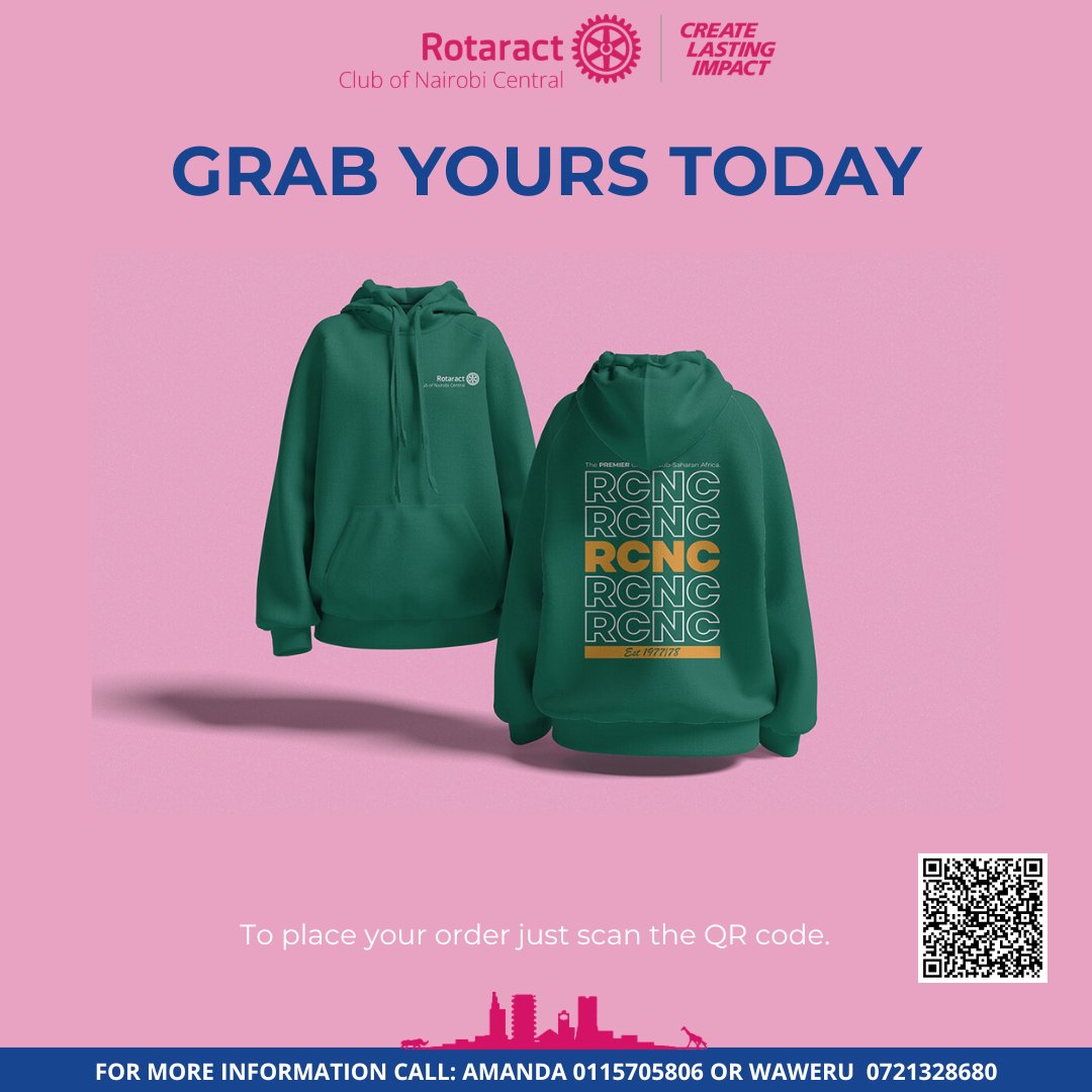 RCNC_ROTARACT's tweet photo. A touch of class, a touch of warmth, and rather unmistakably RCNC. 
For chilly Nairobi mornings, late evenings, and looking quite the part while you’re at it. 
The RCNC hoodie. Rather a smart choice, wouldn’t you say?

Grab yours today: https://t.co/Ux4fsk3oOv

#MerchandiseMonday https://t.co/Hh66Pg6QTI