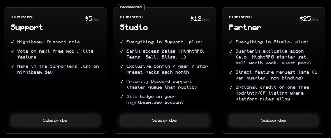 NightBeamLLC's tweet photo. Minecraft Server owners keep buying plugins one by one.

We just opened the door behind the shop.

Nightbeam+ betas before public, faster support, monthly packs. From $5. https://t.co/PFrRS0qNmX