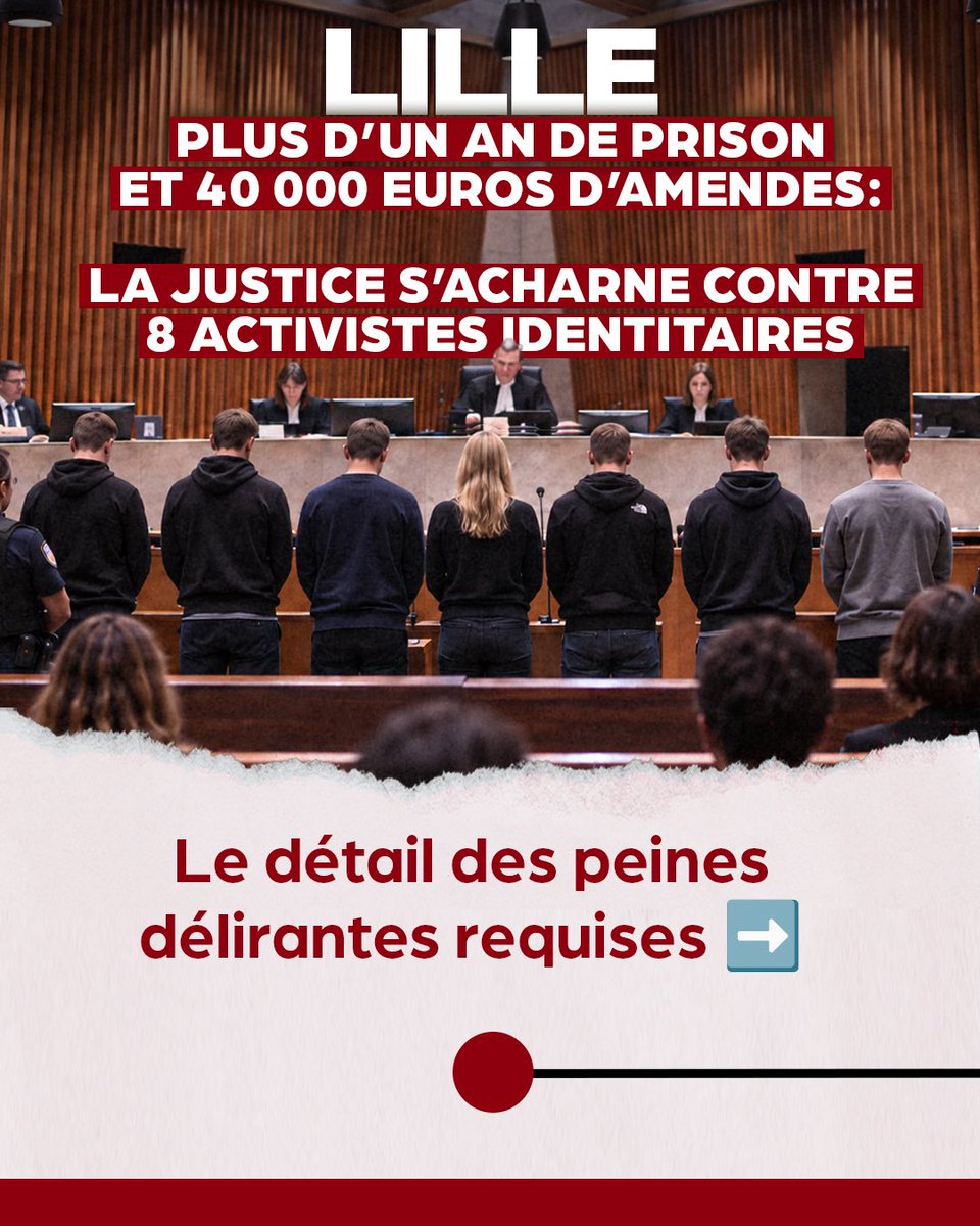 ASLA_asso's tweet photo. 🔴 8 jeunes militants identitaires risquent 18 mois de prison avec sursis et plus de 44 000 € car ils se sont invités à un meeting de La France insoumise dans le Nord pour réclamer « Justice pour Quentin » et dénoncer les liens LFI et la Jeune Garde, quelques jours après la mort de Quentin Deranque à Lyon.

⚖️ Le parquet a requis des peines totalement délirantes et ils ont besoin de notre soutien avec le délibéré qui sera rendu le 18 septembre ⤵️
18 mois de prison avec sursis probatoire pendant 2 ans, des interdictions de contact entre prévenus, l’interdiction de participer à toute réunion publique d’un parti politique français, une interdiction d’armes et un stage de citoyenneté à leurs frais.

💶 Les parties civiles réclament en plus 42 000 € de dommages et intérêts et frais de procédure, auxquels s’ajoutent environ 2 000 € de frais supplémentaires.

Tout cet acharnement judiciaire pose une question simple : pourquoi ? 
Le député LFI Lecoq présent sur place ainsi que tous les plaignants insoumis tentent de transformer ce happening pacifique et donnent tout pour faire condamner les identitaires.

🤝 L’ASLA finance leur défense et leurs frais d’avocats depuis le début de cette affaire.
À quelques jours du verdict, nous avons besoin d’un dernier effort.

➡️ Aidez-nous à les défendre.
Faites un don à l’ASLA ⤵️
https://t.co/6lxnuDYRQX
