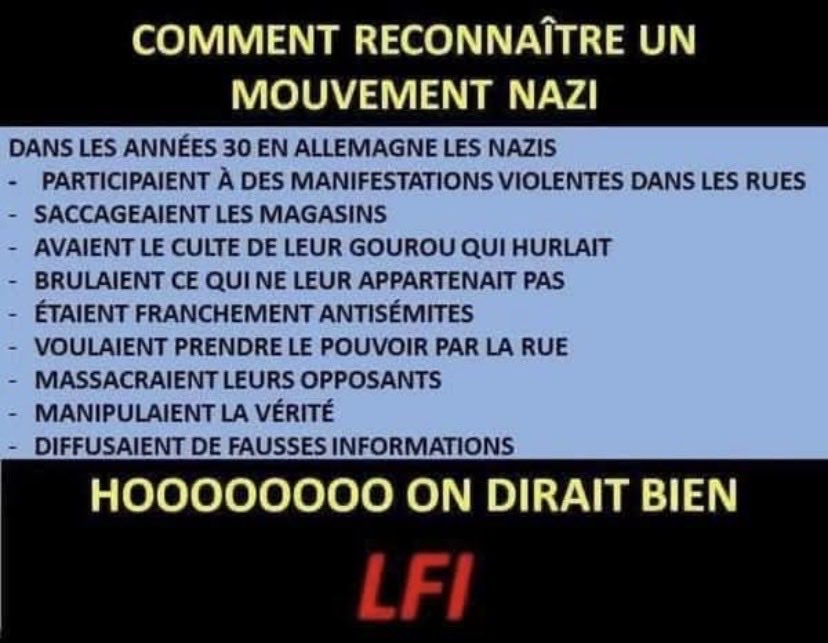 LFIRNmemedanger's tweet photo. résumé des prises de positions des WaffenSS de la @FranceInsoumise:
Refus de reconnaître les résultats d’un vote démocratique qu’il lui est défavorable
Appel au soulèvement et à la rébellion 
Museler la presse d’opposition 
Etc.
Jusqu’à quand ces NéoNazis vont-ils continuer ? https://t.co/EGPYK4QK36