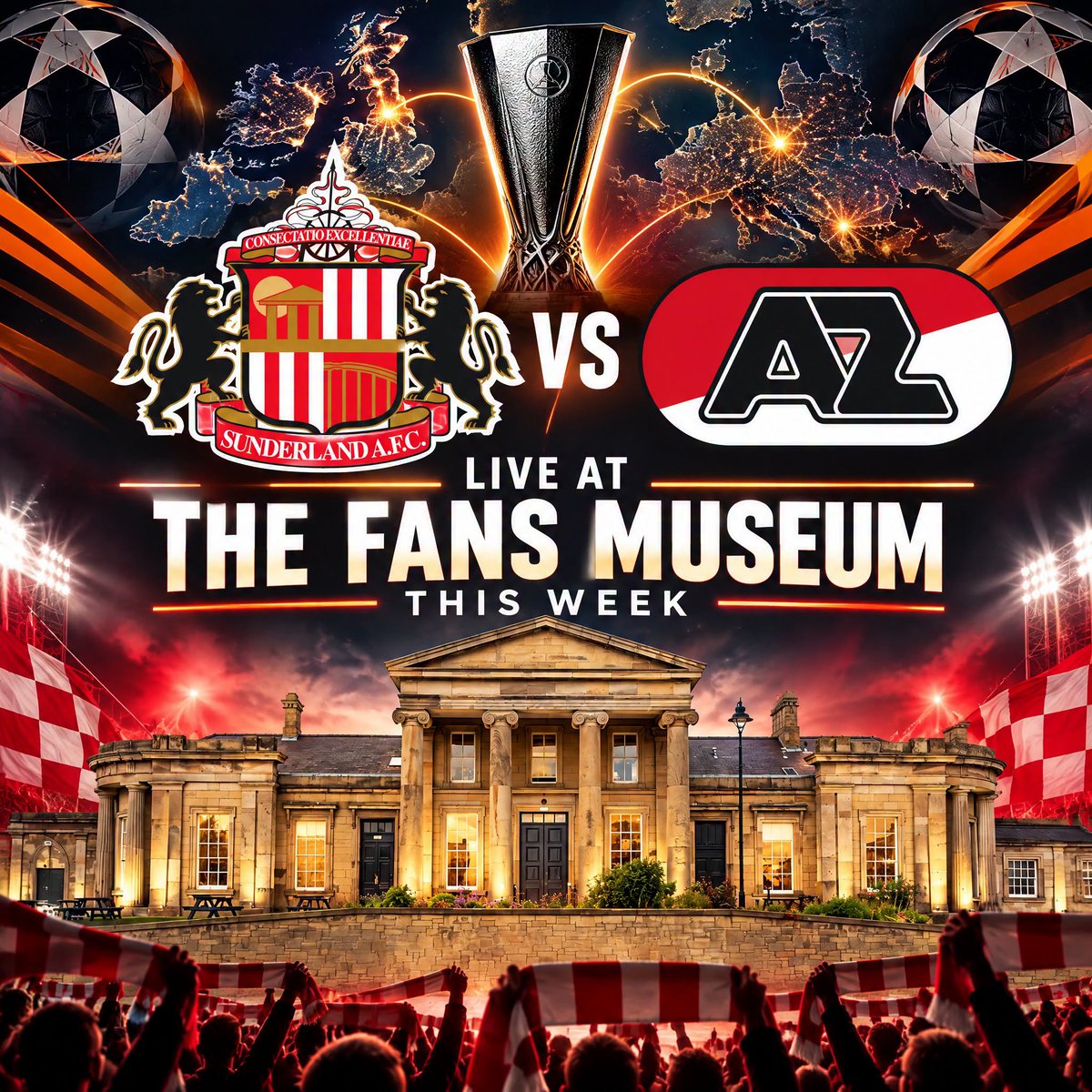 FansMuseum's tweet photo. Sunderland v AZ Alkmaar this Wednesday! ⚽️

🎥 LIVE on the BIG SCREEN
🏆 Sunderland memorabilia
🍻 Drinks, snacks &amp; Roker Pie Shop pies
🎁 Prizes
⭐️ Special guests from Sunderland’s last European adventure!

Going to the game? Start your night at The Fans Museum! 🔴⚪️

FREE ENTRY https://t.co/6FvSgBDTku