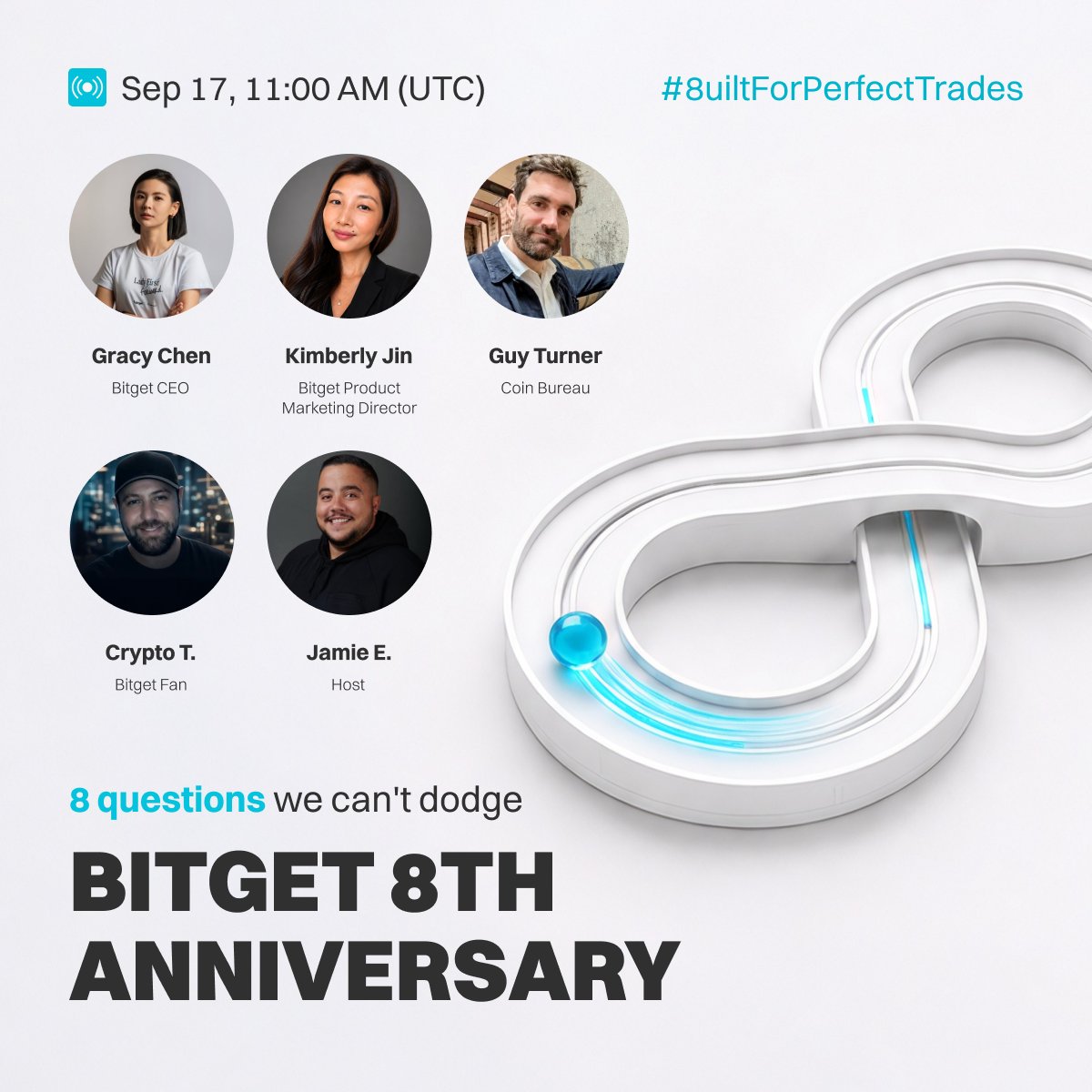 bitget's tweet photo. Tune in to #BitgetTurns8 livestream this Thursday with our CEO @GracyBitget, Product Marketing Director, Kim, and guest speakers @realguyturner & @CryptoCT01, hosted by @JamieElk.

We’ll discuss the key milestones, roadmap, and answer 8 spicy community questions. Drop yours below.

📅 Sep 17, 11:00 AM (UTC)
📍 Watch live: https://t.co/OqzeF5h9Gt

$800 USDT giveaway to those who RT this post 👇