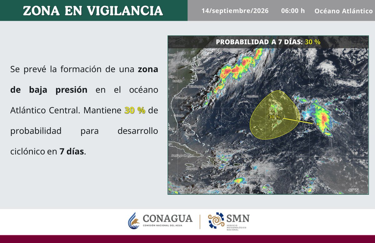 MaraLezama's tweet photo. ⚠️ Mantenemos vigilancia permanente sobre la actividad meteorológica en el océano #Atlántico.

1️⃣ Se prevé la formación de una zona de baja presión en el océano Atlántico Central.

🟡 Mantiene 30 % de probabilidad para desarrollo ciclónico en 7 días.

📲 Les invitamos a mantenerse informados únicamente a través de los medios oficiales de la @conagua_clima y de la Coordinación Estatal de @ProtCivil_QRoo. 

Recuerden siempre aplicar #LaTripleA: 🔔 Atent@s, 🚨 Alerta y 🏠 A salvo.