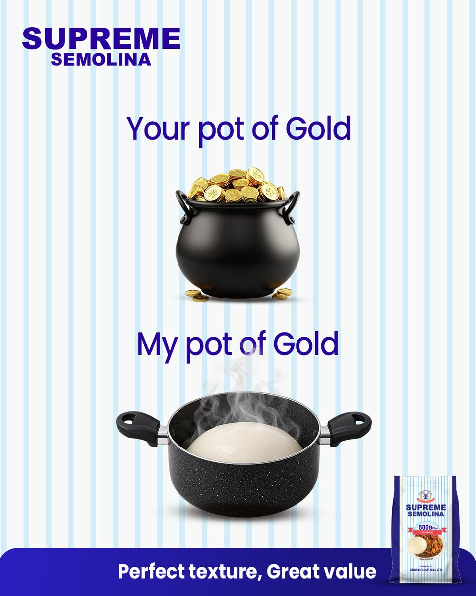 SupremeSemoNg's tweet photo. We all have our own idea of what’s worth a pot of gold.

For us, it’s a pot filled with Supreme Semolina, made from fine grains to give your family a delicious, satisfying meal they can enjoy together. https://t.co/dF6A2HkGJB