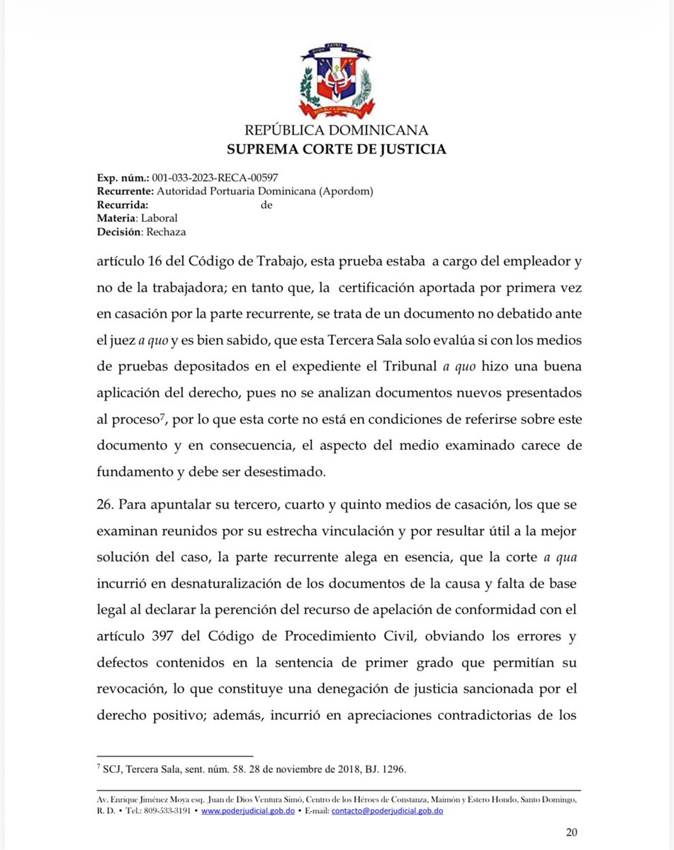 FJimenezRD's tweet photo. Prueba aportada por primera vez en casación. La corte de casación no examina documentos nuevos; en ese sentido, frente a la ausencia de dicho elemento, la corte de trabajo actuó correctamente al imponer la condena en daños y perjuicios. Factum: empleador que aportó por primera vez en casación la certificación que daba constancia de que el trabajador estaba inscrito en la seguridad social y pretendía que fuese anulada dicha vertiente de la sentencia recurrida.