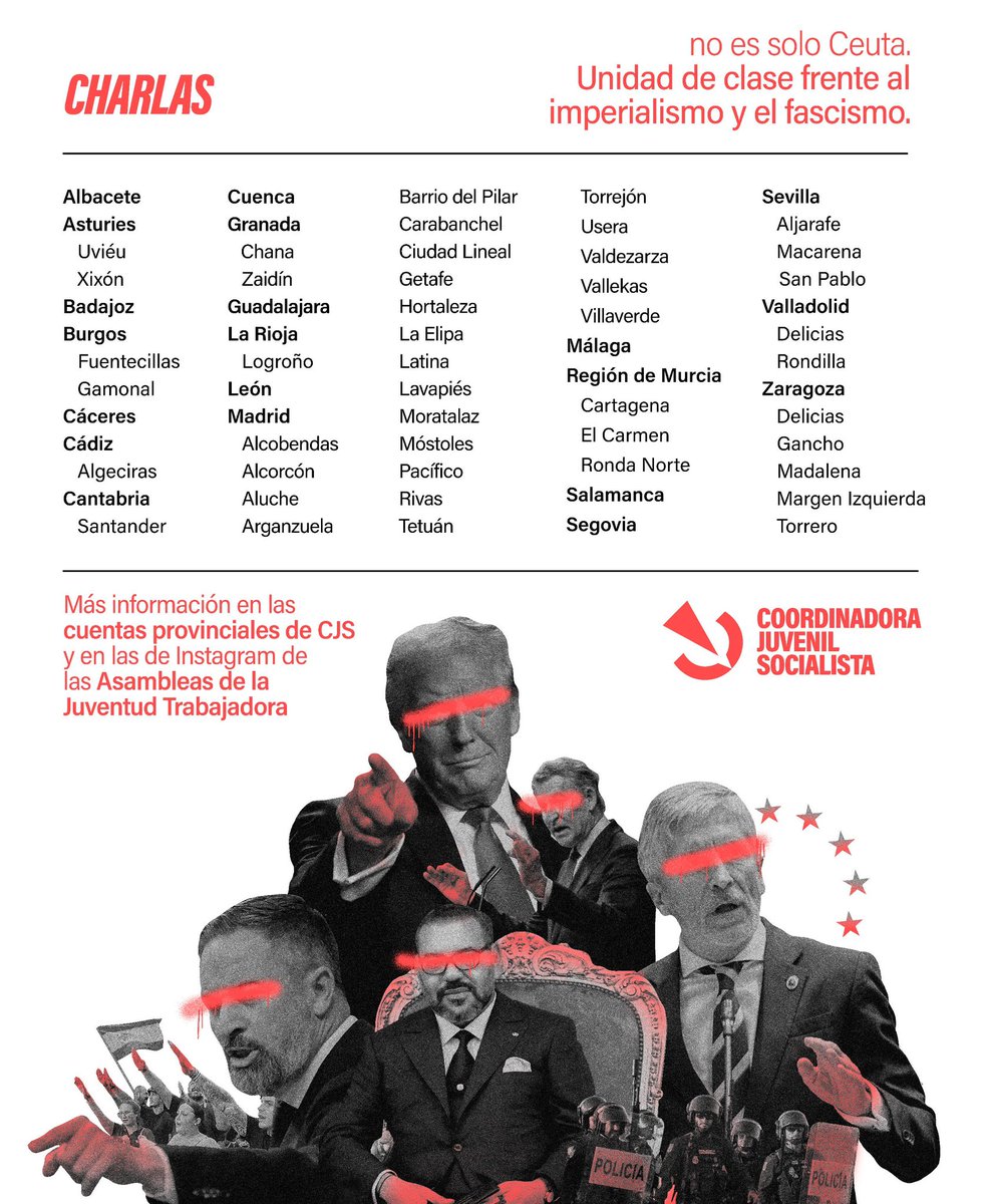 CJSocialista's tweet photo. Contra la Europa fortaleza, la monarquía marroquí y el fascismo.

Durante las próximas semanas estaremos en decenas de barrios y ciudades exponiendo nuestra lectura política sobre lo sucedido en Ceuta.

¡𝑵𝒐 𝒕𝒆 𝒆𝒒𝒖𝒊𝒗𝒐𝒒𝒖𝒆𝒔 𝒅𝒆 𝒆𝒏𝒆𝒎𝒊𝒈𝒐! https://t.co/iJs9PqMqNa