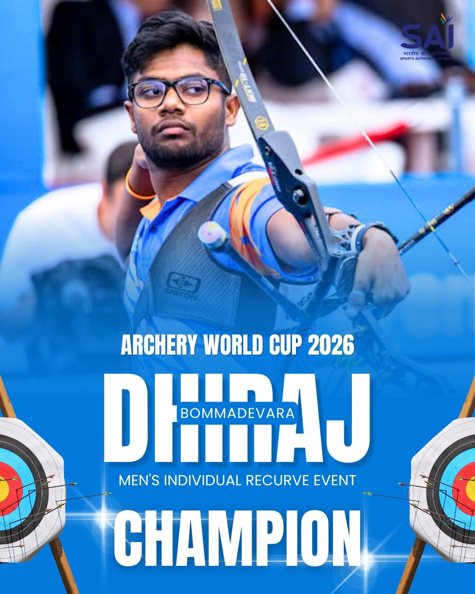 CaptAbhimanyu's tweet photo. 🏹 भारत के लिए गौरव का ऐतिहासिक क्षण! 🇮🇳

मेक्सिको के साल्टिलो में धीरज बोम्मादेवरा ने आर्चरी वर्ल्ड कप 2026 में स्वर्ण पदक जीतकर इतिहास रच दिया। 🏆

वे आर्चरी वर्ल्ड कप में व्यक्तिगत रिकर्व स्वर्ण जीतने वाले पहले भारतीय पुरुष तीरंदाज बन गए हैं।

धीरज को हार्दिक बधाई एवं उज्ज्वल भविष्य की शुभकामनाएँ। 🇮🇳
@BommadevaraD
#ArcheryWorldCup2026 #DhirajBommadevara #TeamIndia #IndiaProud