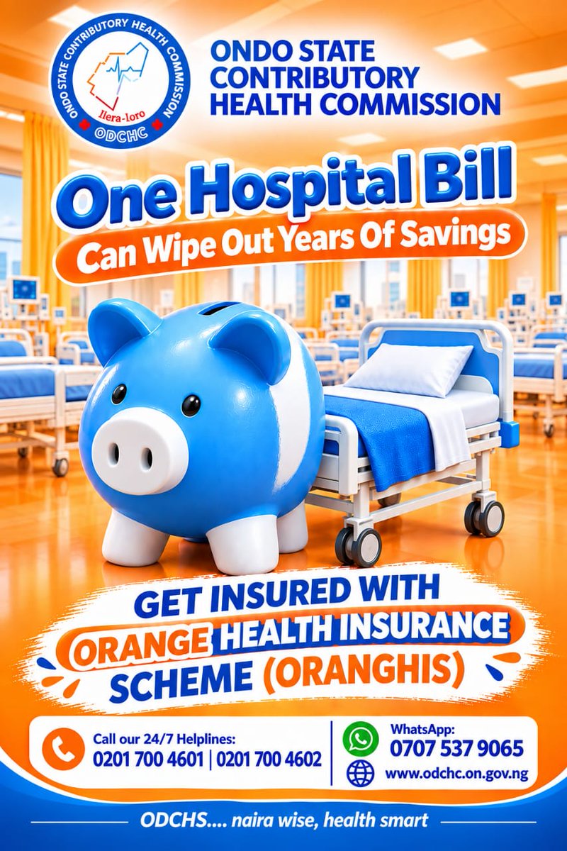 OndoStateCHC's tweet photo. A good way to start the week is reflecting on what truly protects your family.

Protecting your health is the best way to protect your wealth. 

Get covered with the Orange Health Insurance Scheme today. 

Login into our website: https://t.co/oso8EDR1NR for more information https://t.co/XdxwerYpVS