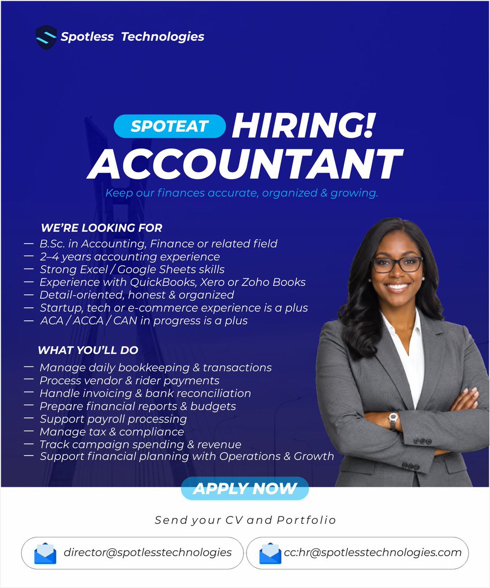 Spoteatng's tweet photo. Spoteat is hiring an Accountant!

Are you detail-oriented, organized, and passionate about keeping finances accurate and on track? 📊💰

Join the Spoteat team and help us build a stronger, smarter food-tech business.

📩 Apply now: hr@spotlesstechnologies.com
Send your CV & Portfolio.

#Spoteat #SpoteatHiring #AccountantJobs #AccountingJobs #LagosJobs #NigeriaJobs #FinanceJobs #TechJobsNigeria #AccountingCareer #HiringNigeria #NowHiring #JobOpportunity #LagosCareers #NigeriaCareers #FinanceCareers
