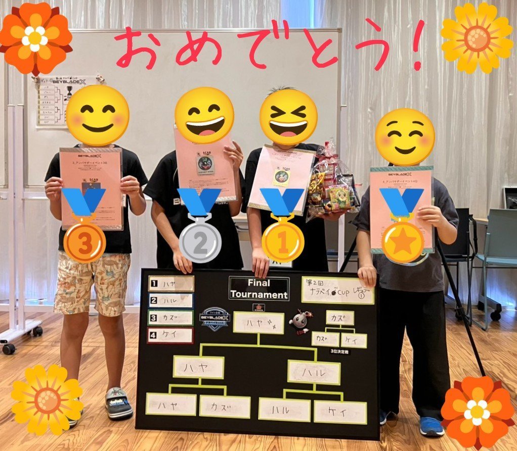 narabeybomb's tweet photo. 第2回ナラベイ●～*CUP
レギュラー①（エクストリーム）

🥇ハヤくん
🥈ハルくん
🥉カズくん
🏅ケイくん

ハイレベルな良い試合ばっかりでした‼️1位のハヤくんにはお菓子トロフィー🍭✨️ https://t.co/9G4HnRnpAQ