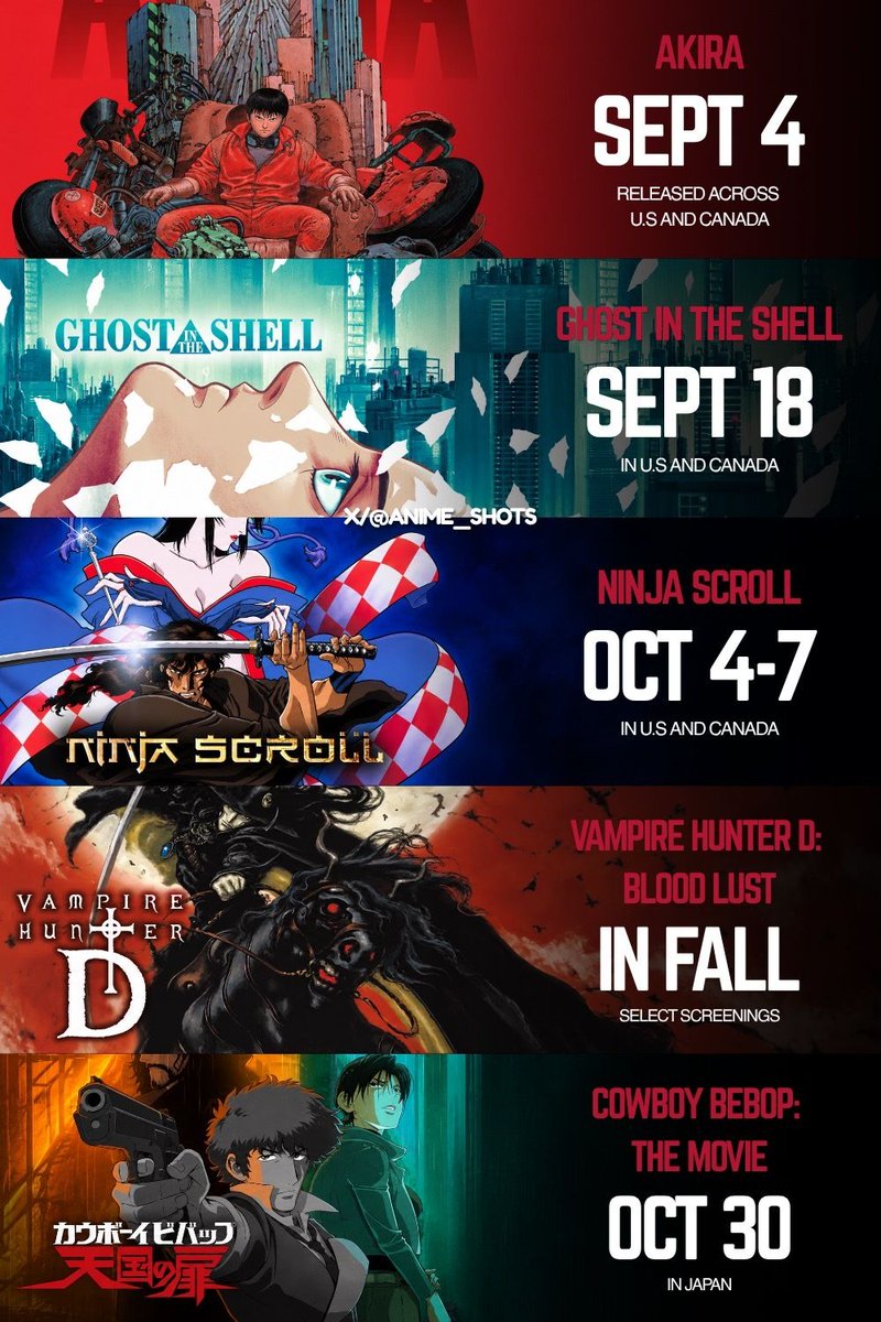 anime_shots's tweet photo. FIVE ANIME CLASSICS ARE RETURNING TO THE BIG SCREEN IN 2026

Five iconic anime films are getting major theatrical re-releases in 2026, including several new 4K presentations:

• AKIRA (1988): September 4
• GHOST IN THE SHELL (1995): September 18
• NINJA SCROLL (1993): October 4, 5 & 7
• VAMPIRE HUNTER D: BLOODLUST (2000): Select screenings this fall
• COWBOY BEBOP: THE MOVIE (2001): October 30 in Japan

AKIRA, GHOST IN THE SHELL, and NINJA SCROLL are confirmed for 4K theatrical presentations, while VAMPIRE HUNTER D: BLOODLUST will return in a new HD master ahead of a wider theatrical release in 2027. 

Meanwhile, COWBOY BEBOP: THE MOVIE is receiving a 4K remaster theatrical release in Japan on October 30, celebrating its 25th anniversary. 

For fans of classic anime, 2026 is giving some of these legendary films another chance to be experienced on the big screen.