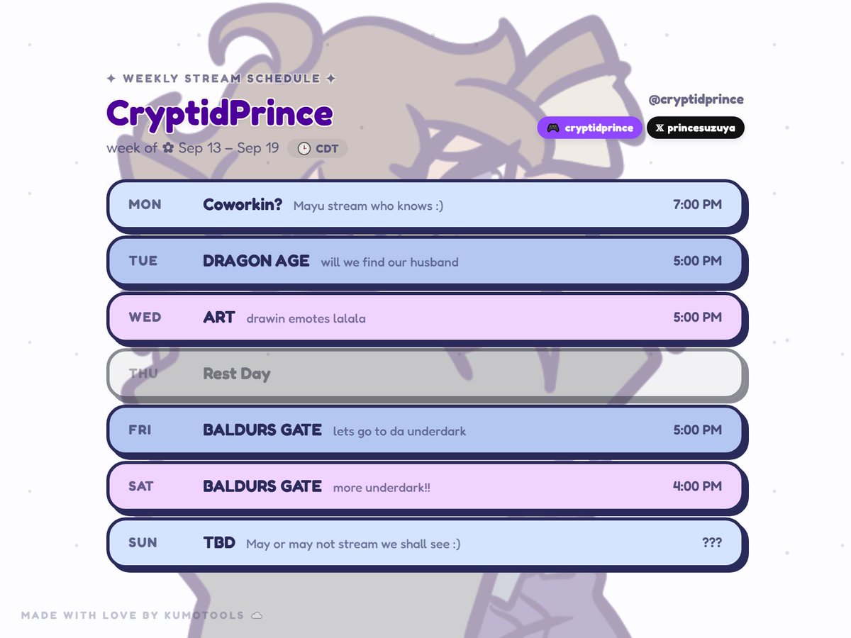 PrinceSuzuya's tweet photo. Woag A Schedule!🐾 We continue da moveathon!!
📷 Art: #CryptidGallery
Live: #CryptidPrince
Clips: #coyomelon https://t.co/sARy8VzqDs