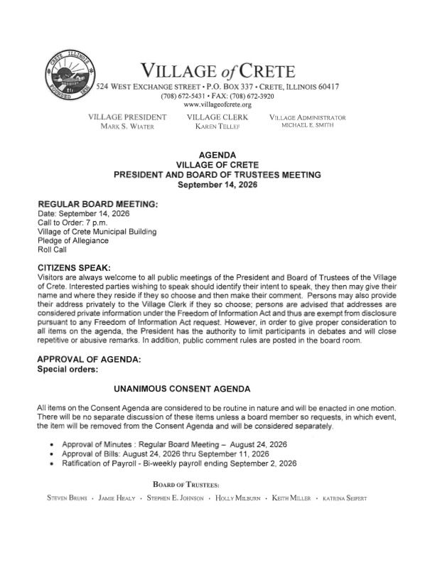 VillageOfCrete's tweet photo. The Crete Village Board meets tonight, Monday, Sept. 14, at 7:00 PM at the Municipal Building, 524 W. Exchange St.

Agenda items include the 2026 Christmas Parade, a property annexation, and a solar permit extension request.

View the full agenda: https://t.co/hxiVXGNwy0 https://t.co/ot1XaupmZd