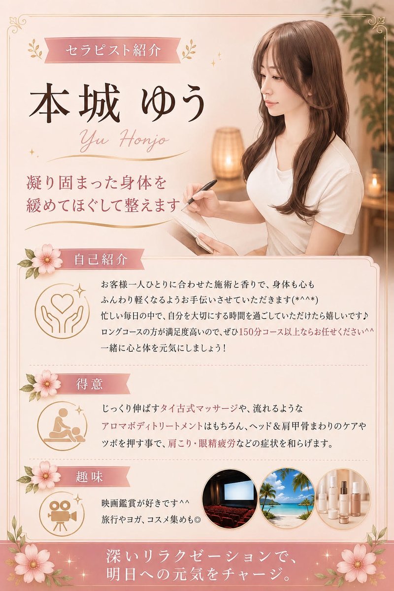 25minnano_'s tweet photo. 9/15(火)
-本日のご案内-

⏰14:00~🍇本城ゆう
夏の暑さ疲れ、日々の蓄積、みんタイでゆっくりほぐしていかれませんか🍃

お電話・ホットペッパー予約受付中💁‍♀️
📲07075256559
💻https://t.co/NQLxqlmzGH

#大宮 #タイ古式 #アロマ #ストレッチ #肩こり #腰痛 #リンパ #チネイザン https://t.co/0dEZAoiLkT