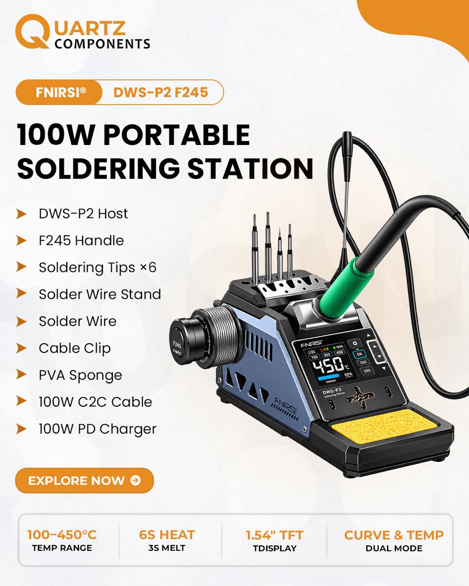 quartzcomponent's tweet photo. Power, precision, and portability — all in one! 🔥🔧
The FNIRSI DWS-P2 F245 100W Portable Soldering Station features a 100–450°C temperature range, fast heating, TFT display, adjustable temperature control
#FNIRSI #DWSP2 #F245 #SolderingStation #SolderingIron https://t.co/KfuS4VLGfM