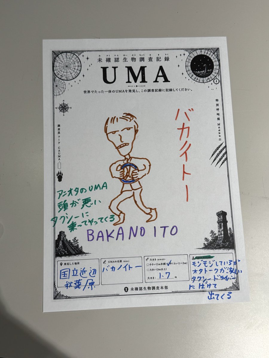 satofuminori's tweet photo. ぼくがかんがえた未確認生物！
バカノイトー。
タクシーに乗っていたら、いきなり「すきなアニメは何ですか？」と話しかけてくる恐ろしいやつだ！ https://t.co/8VYrj0Ao6P