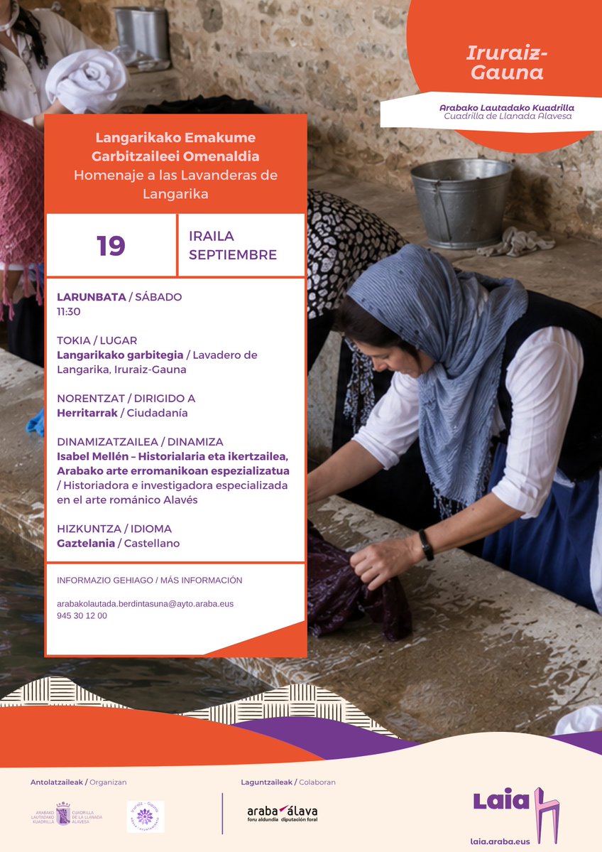 LaiaAraba's tweet photo. ARABAKO LAUTADA · IRURAIZ-GAUNA
💜 Langarikako emakume garbitzaileei omenaldia
🗓️ Irailak 19, larunbata | 11:30
📍 Langarikako garbitegia, Iruraiz-Gauna
🎙️ Isabel Mellének dinamizatuta
🗣️ Gaztelaniaz
📞 945 30 12 00
📩 arabakolautada.berdintasuna@ayto.araba.eus
#LaiaAraba https://t.co/1kAXP1PeEF