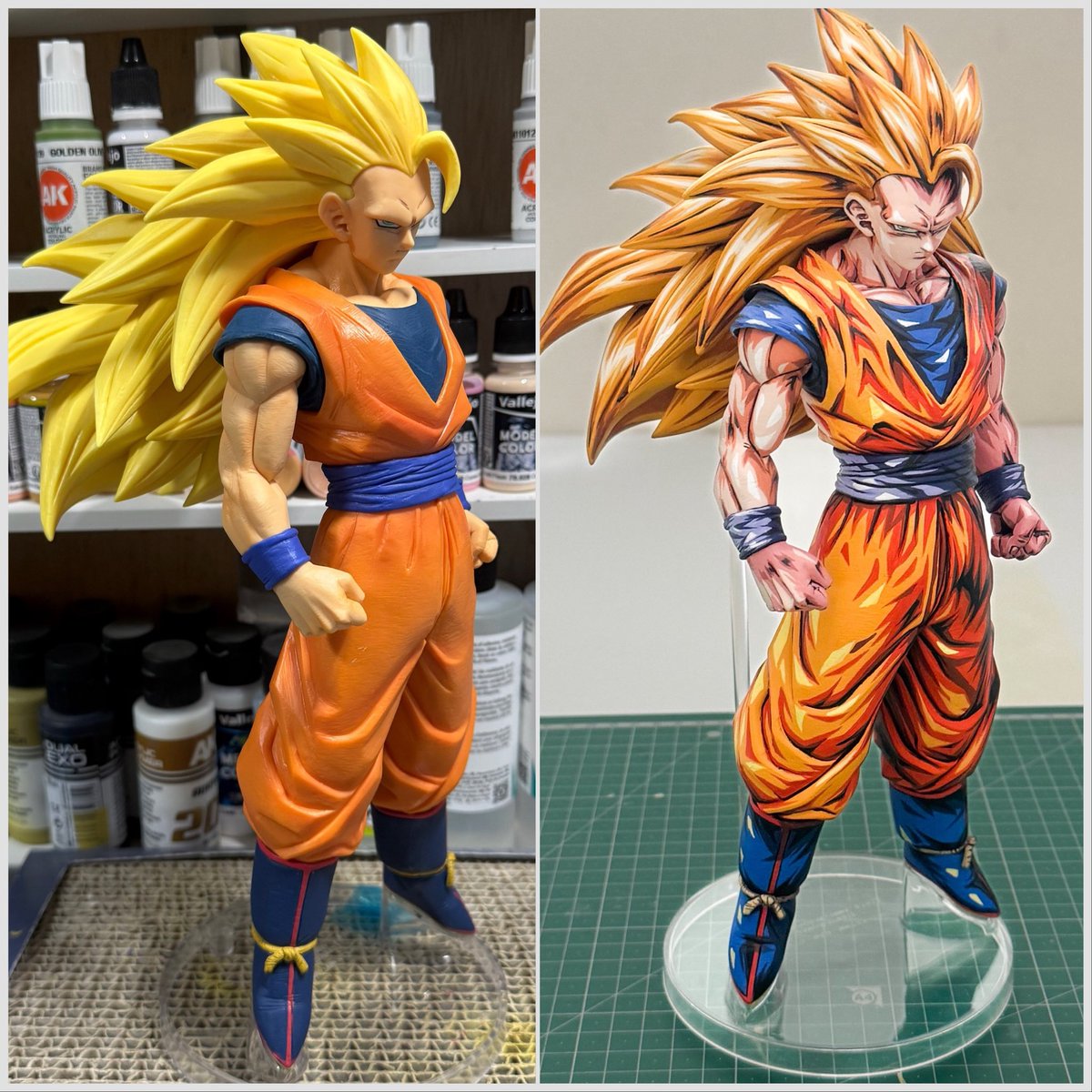 takacompany1's tweet photo. スーパーサイヤ人3のリペイント完成！
あえてこれまでのアニメ塗りとはガラッと雰囲気を変えてみましたが、結果として一番しっくりくる最高の一体になりました🔥
我が家のメインディスプレイにします！
ぜひご覧ください！ https://t.co/EW9Y2PHFa8