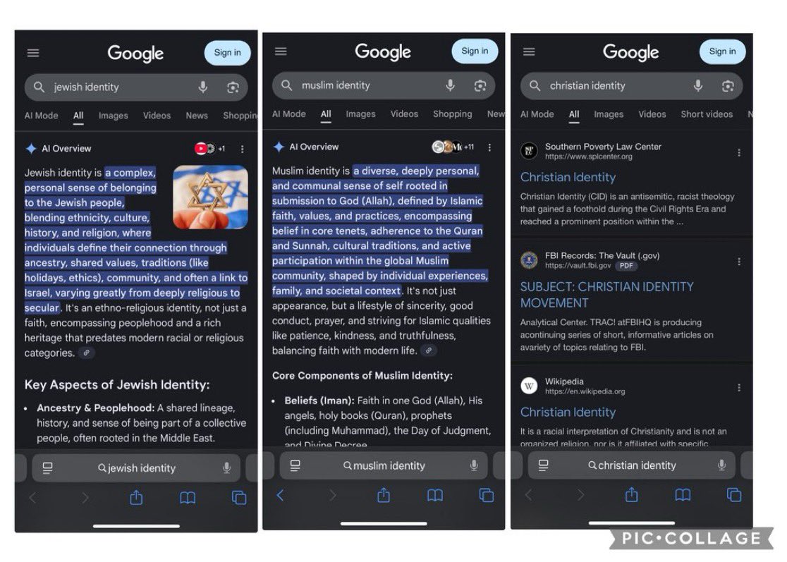 indianaanger's tweet photo. What it’s like using @Google in America. 
Jewish identity: ✅ 
Muslim identity: ✅ 
Christian identity: SPLC and FBI pages telling you it’s a antisemitic and racist movement. https://t.co/uuqLAe2l25