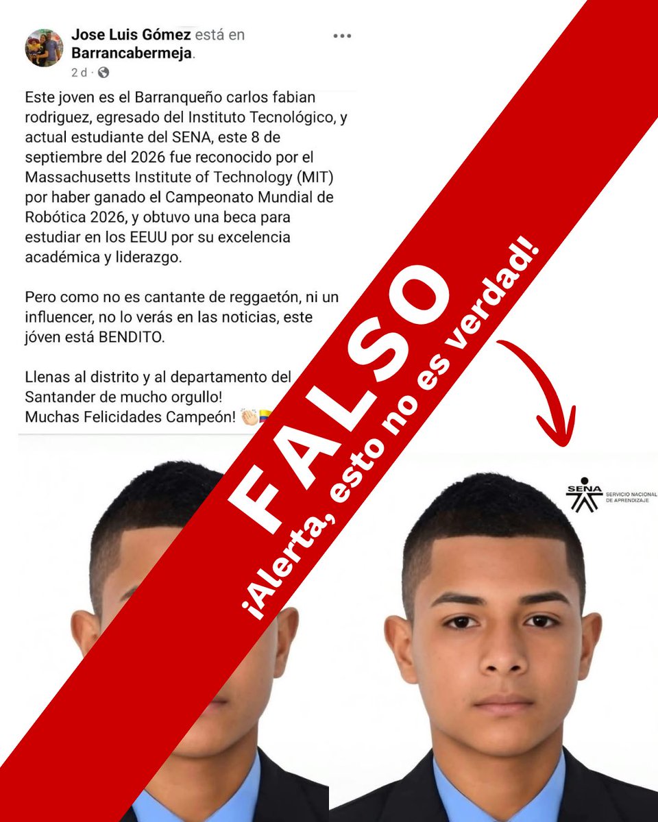 senaensantander's tweet photo. 📢 Desde el SENA Santander invitamos a verificar la información antes de compartirla. 🚫 No caigas en publicaciones falsas que usan nuestro nombre. Consulta siempre nuestros canales oficiales y evita la desinformación. #SENA #SENASantander https://t.co/9dTl2IYZYC