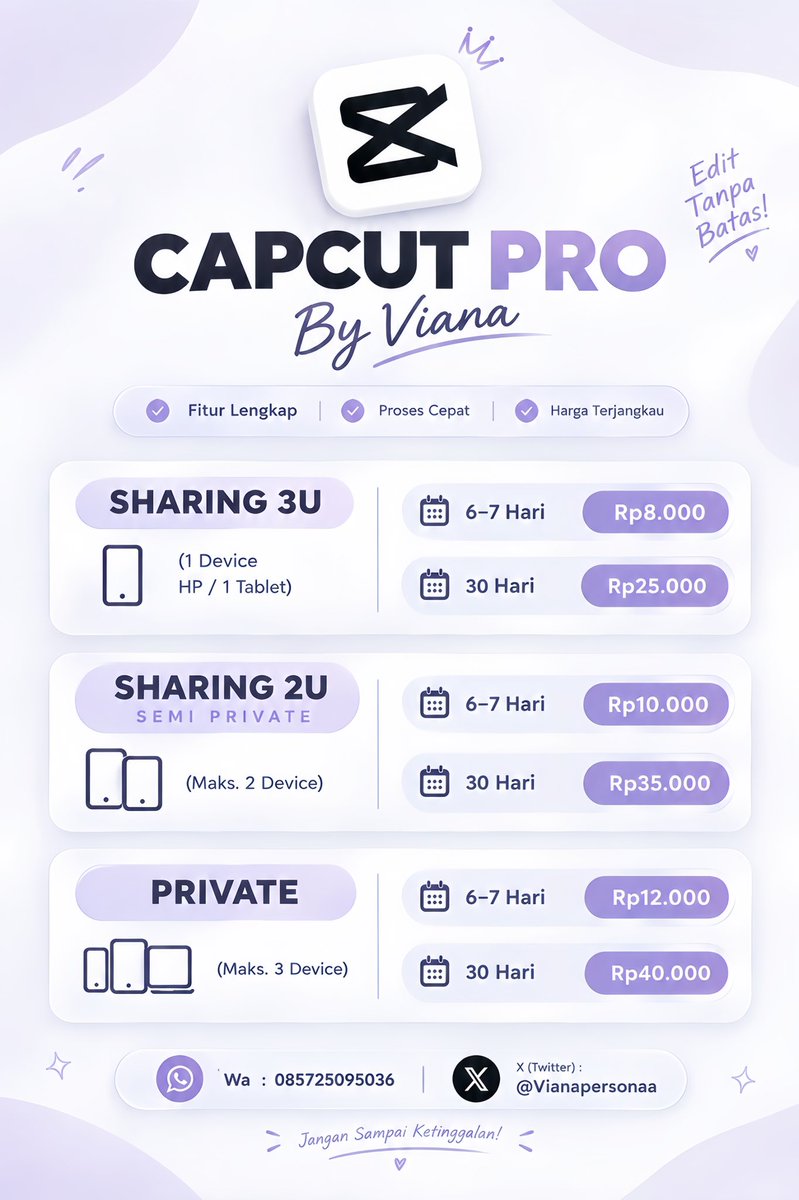Vianasup's tweet photo. Hallo semuaaa!

Aku jual capcut pro, lagi promo murah banget nihhh

7 hari start di 8.000 ribuan
1 bulan start di 25.000 ribuan aja

Order langsung ke wa : https://t.co/spGRE6PWxv

#zonauang #capcut #belanja https://t.co/sjk9JeXSp5