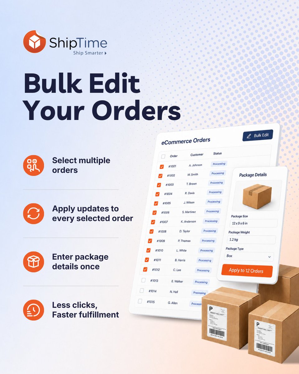 ShipTime's tweet photo. Same box. Multiple orders. One update. 🛍📦

With ShipTime’s new eCommerce Bulk Edit, you can select multiple orders, hit Bulk Edit, enter the package details once, and apply them across all selected orders 🙌

Learn more below👇🏻🔗
https://t.co/HT6JM28Bse https://t.co/lKPtetwWOZ