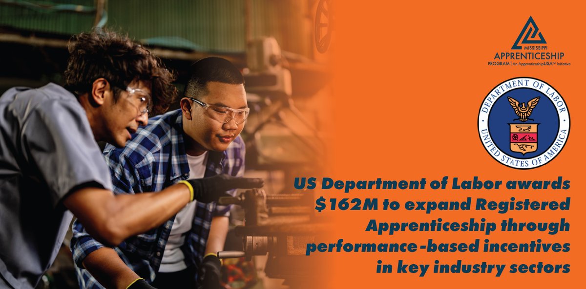 ApprenticeMS's tweet photo. The U.S. Department of Labor is awarding $162M to expand Registered Apprenticeship programs in key sectors! Discover how apprenticeships are transforming workforce development for businesses and job-seekers alike. https://t.co/MbeFvjmVg8 https://t.co/wyHKbNtmA7
