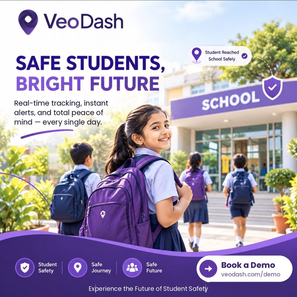 VeoDash's tweet photo. Safe students. Brighter futures. 💜🎒

Real-time tracking + instant alerts = greater visibility throughout every school Transit.

Because every journey matters. 🚌📍

#VeoDash #StudentSafety #SchoolTransport #EdTech https://t.co/oMcNefoehH