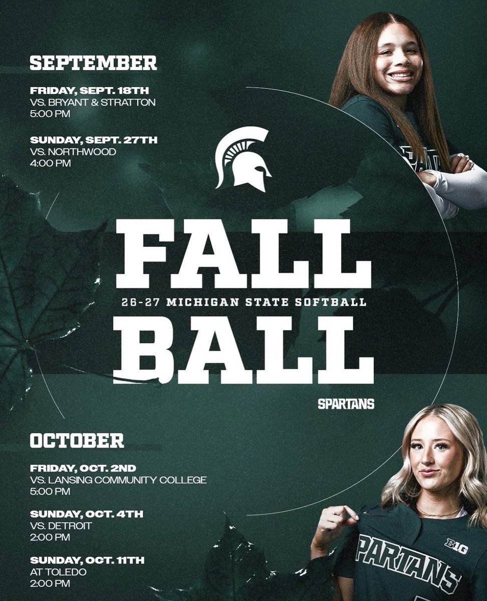 MSU_Softball's tweet photo. MARK YOUR CALENDARS!! 

Michigan State Softball is BACK and we're so excited to see you at Secchia Stadium this fall! 🥎🤍

#GoGreen https://t.co/h41TfOk7s2